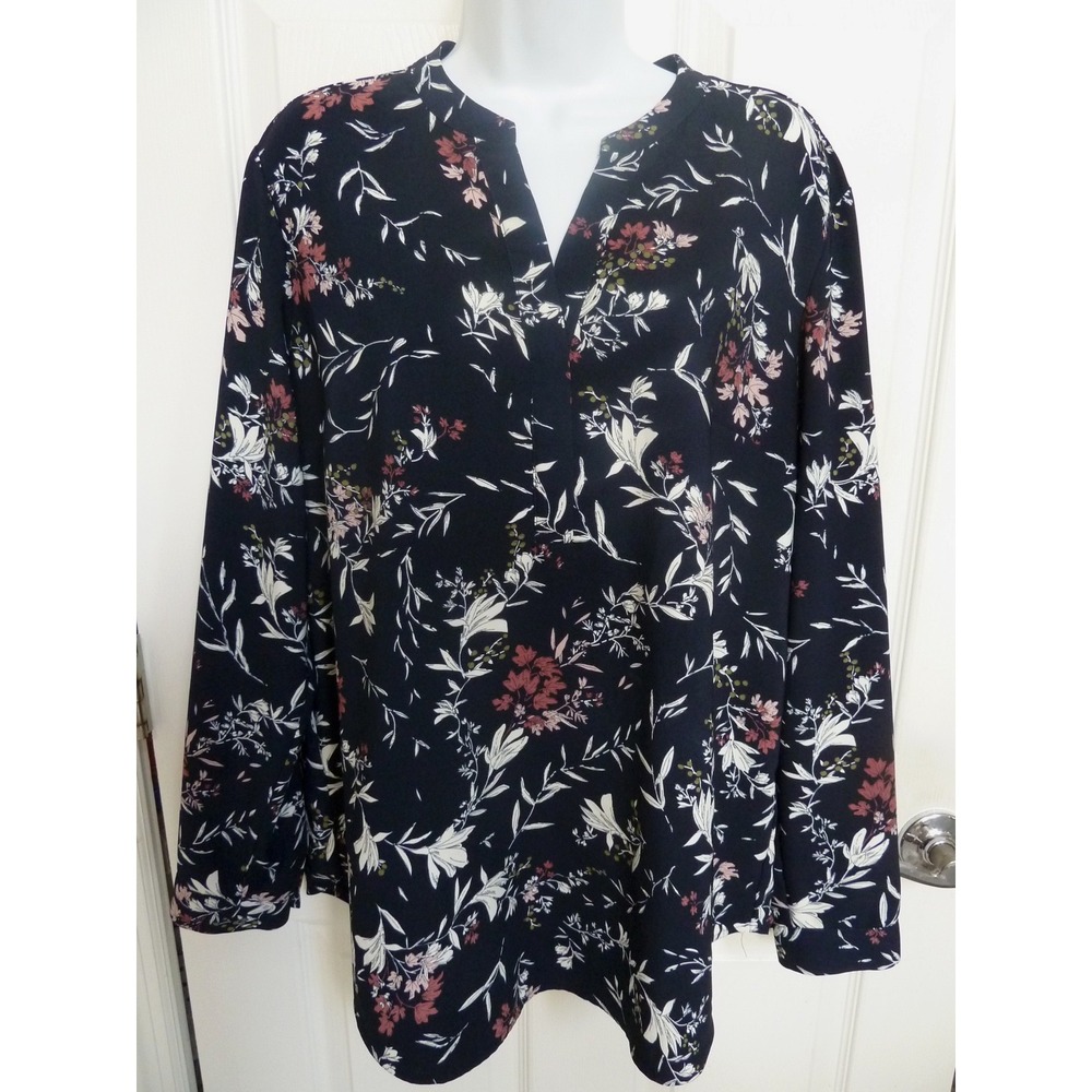 Hilary Radley Navy Floral Popover Blouse Career Office V-Neck Top CU3421-132 L